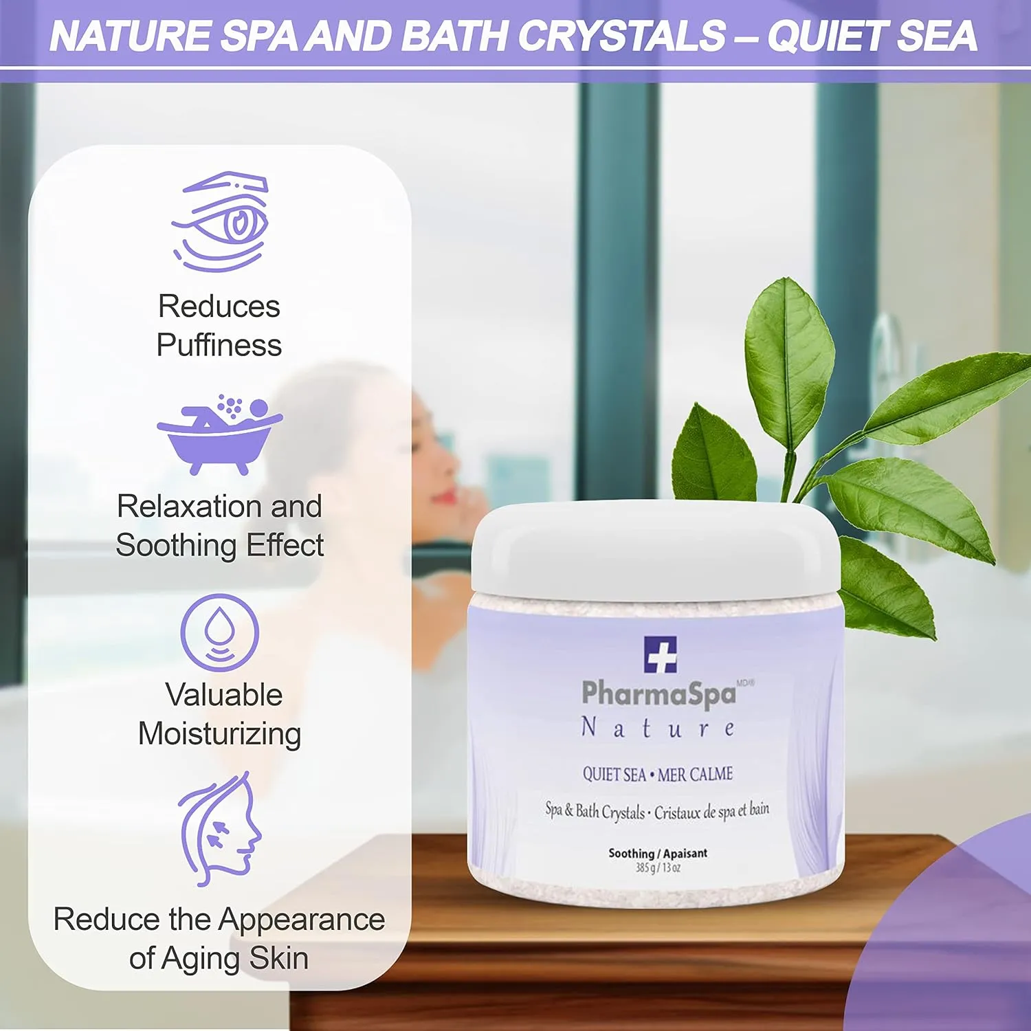Nature: Spa and Bath Crystals with All-Natural Extracts - 385 g/13 oz – Epsom Bath Salt for Hot Tub Aromatherapy and Relaxation – Gluten Free, Parabens Free, Cruelty Free (Quiet SEA)