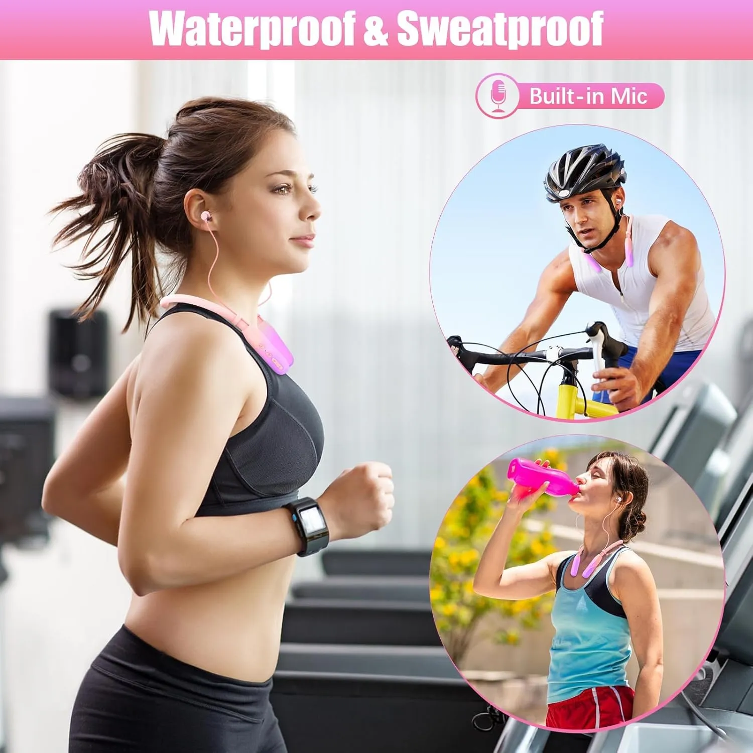 Neckband Bluetooth Headphones, 200H Extra Long Playtime Wireless Stereo Neckband Earbuds with Microphone, Waterproof Balanced Armature Drivers in Ear Headset for Sports/Workout (Pink-Purple)