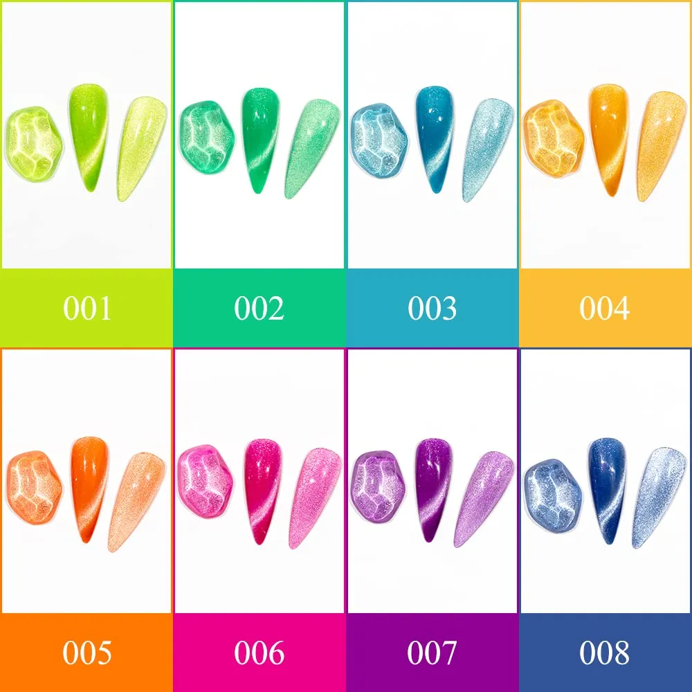 Neon Cat Eye Gel Polish Set Bright Yellow Green Pink Cateye Nail Polish Gel Magnetic Gel Polish Varnish Soak Off Lamp Gel for Nail Salon or DIY at Home 8 Colors 7ML(0.24FL OZ)