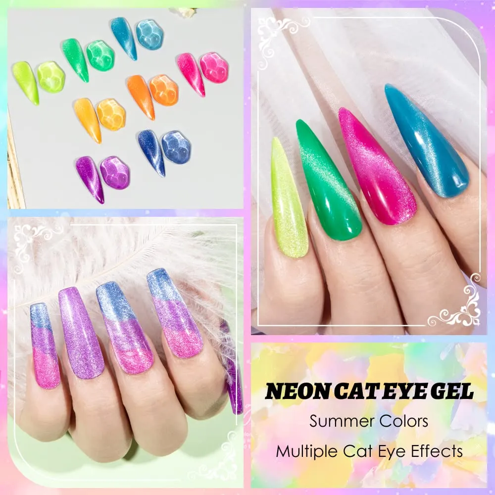 Neon Cat Eye Gel Polish Set Bright Yellow Green Pink Cateye Nail Polish Gel Magnetic Gel Polish Varnish Soak Off Lamp Gel for Nail Salon or DIY at Home 8 Colors 7ML(0.24FL OZ)