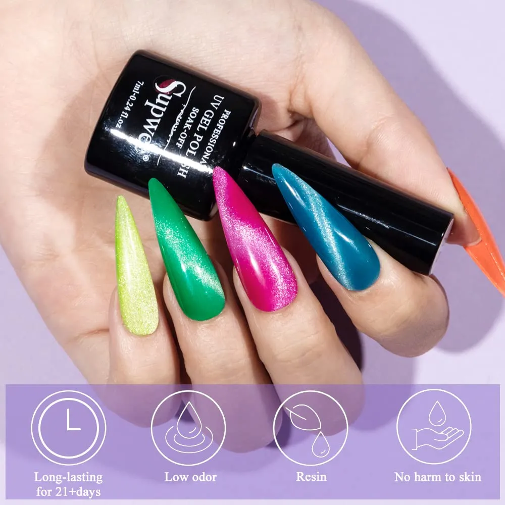 Neon Cat Eye Gel Polish Set Bright Yellow Green Pink Cateye Nail Polish Gel Magnetic Gel Polish Varnish Soak Off Lamp Gel for Nail Salon or DIY at Home 8 Colors 7ML(0.24FL OZ)