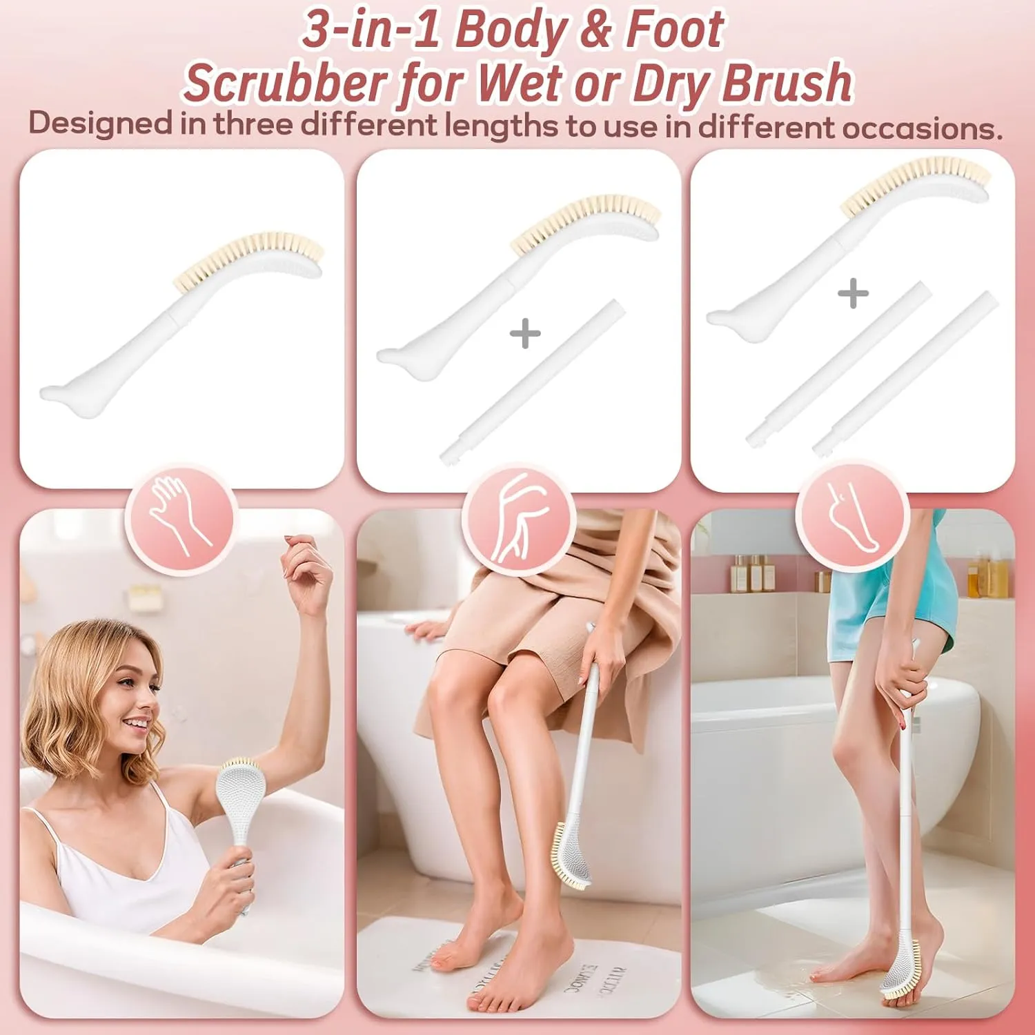 New Foot Brush with Adjustable Long Handle, 3-in-1 Foot Scrubber for Wet or Dry Brushing, 10.2’’- 27.5’’ Foot Scrub Brush for Senior, Pregnant, Disabled, or Injured, Gift-Box Packed(White)