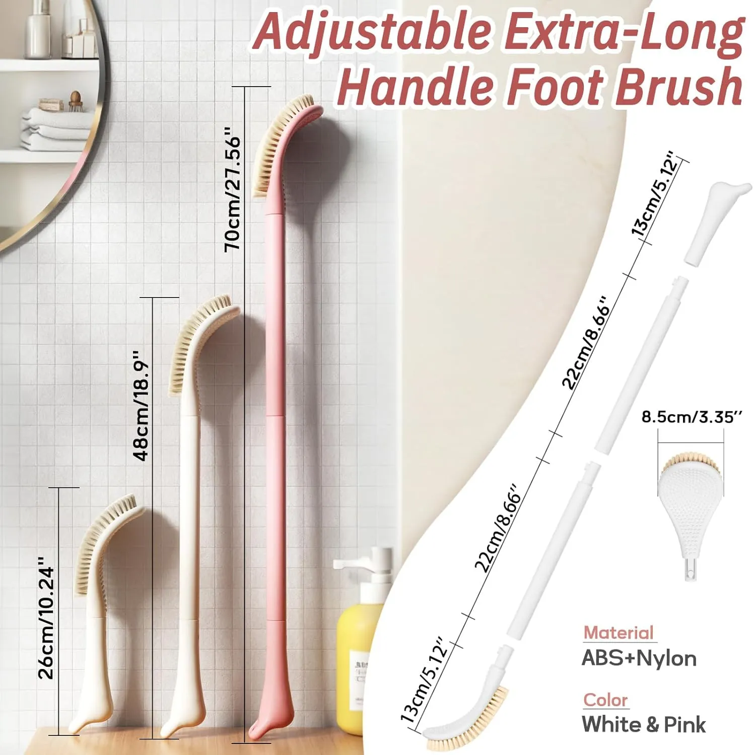 New Foot Brush with Adjustable Long Handle, 3-in-1 Foot Scrubber for Wet or Dry Brushing, 10.2’’- 27.5’’ Foot Scrub Brush for Senior, Pregnant, Disabled, or Injured, Gift-Box Packed(White)