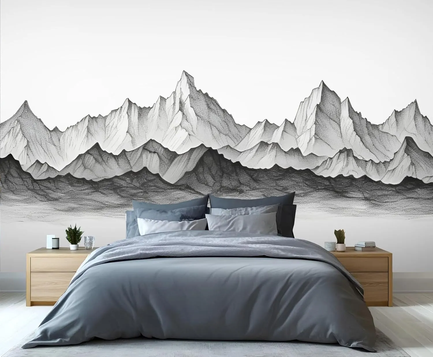 NIUEGAF Black and White Line Drawing Wallpaper Snowy Mountain Range Wall Mural Sketch of Mountain Wallpaper Wall for Bedroom Home Decor Living Room Dining Room Office