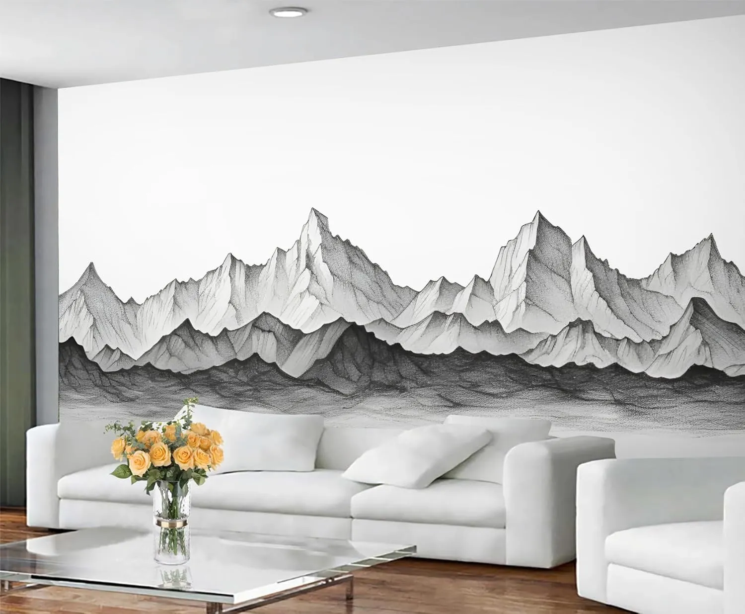 NIUEGAF Black and White Line Drawing Wallpaper Snowy Mountain Range Wall Mural Sketch of Mountain Wallpaper Wall for Bedroom Home Decor Living Room Dining Room Office