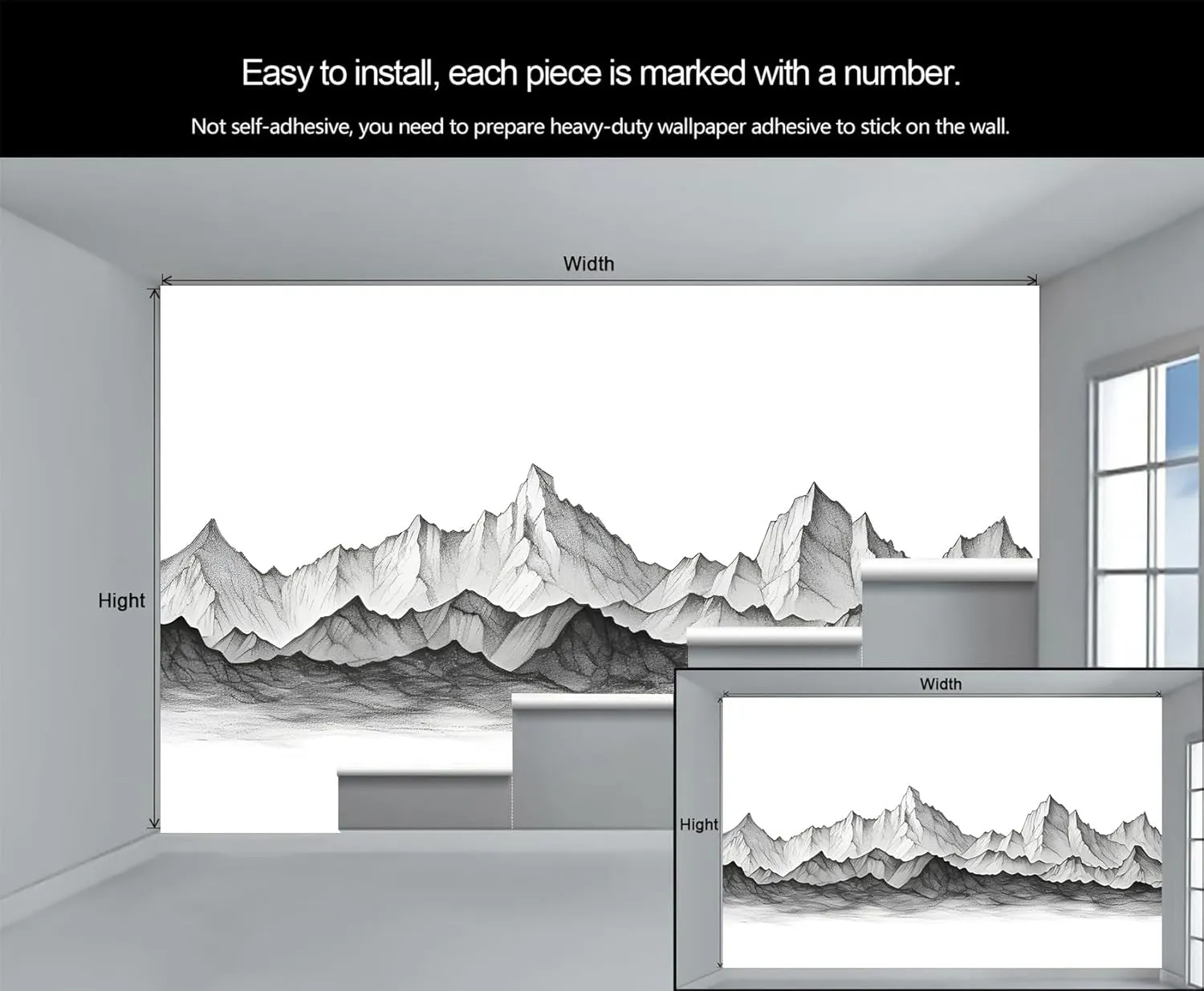 NIUEGAF Black and White Line Drawing Wallpaper Snowy Mountain Range Wall Mural Sketch of Mountain Wallpaper Wall for Bedroom Home Decor Living Room Dining Room Office