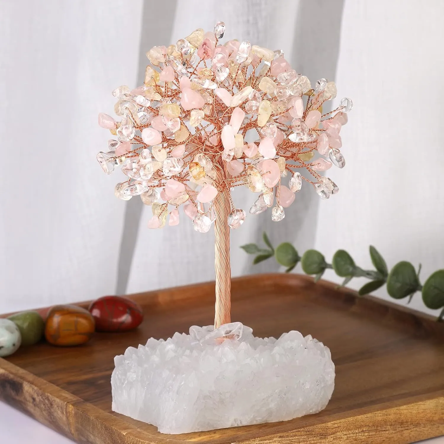 Nupuyai Handmade Healing Rose Quartz & Citrine & Rock Quartz Crystal Tree with Rock Quartz Cluster, Energy Stone Bonsai Money Tree Desktop Decor for Fengshui and Good Luck