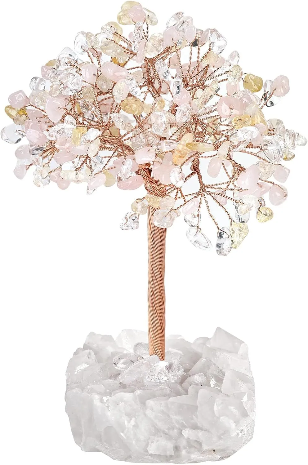 Nupuyai Handmade Healing Rose Quartz & Citrine & Rock Quartz Crystal Tree with Rock Quartz Cluster, Energy Stone Bonsai Money Tree Desktop Decor for Fengshui and Good Luck