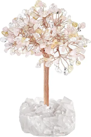 Nupuyai Handmade Healing Rose Quartz & Citrine & Rock Quartz Crystal Tree with Rock Quartz Cluster, Energy Stone Bonsai Money Tree Desktop Decor for Fengshui and Good Luck