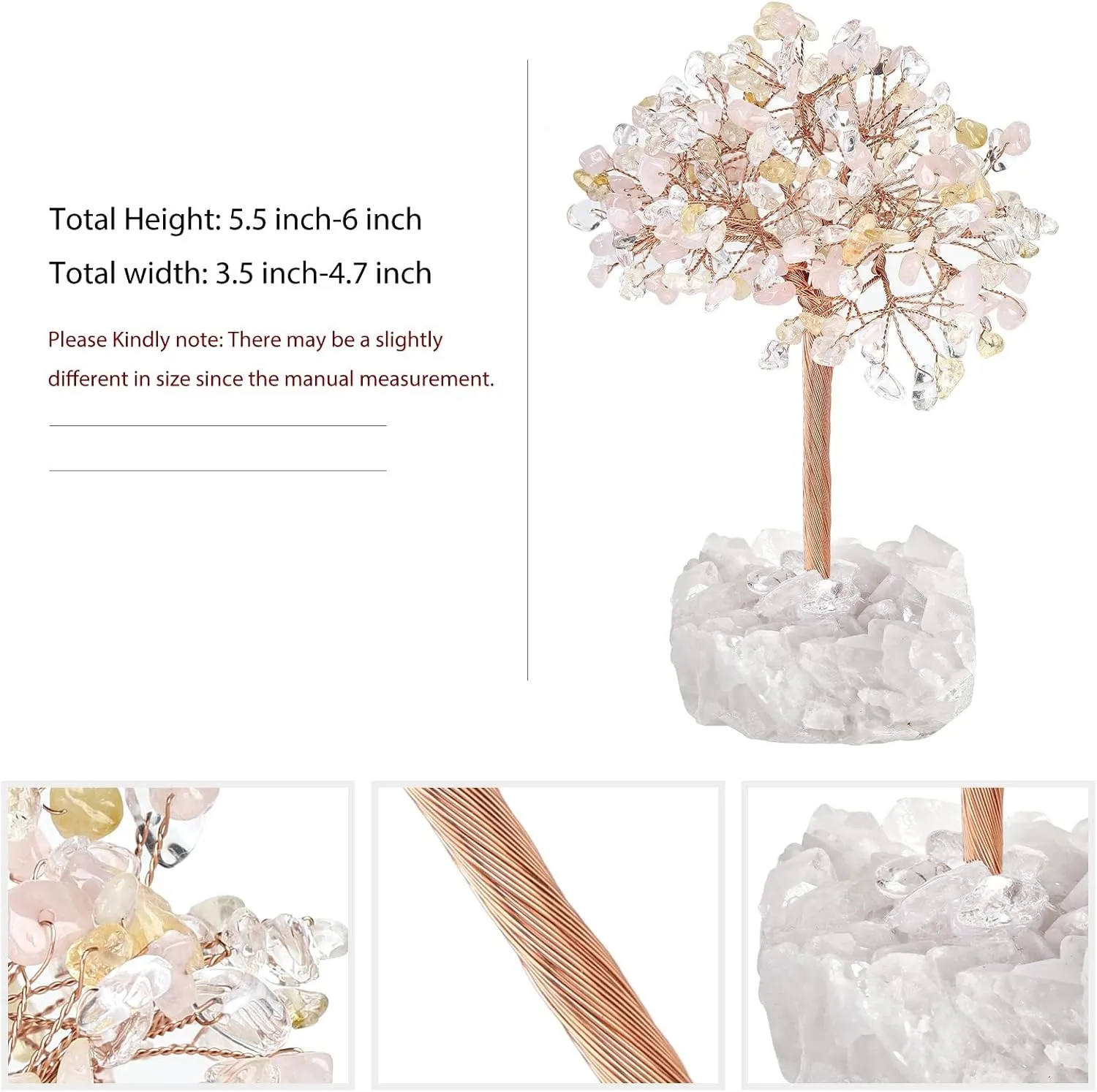 Nupuyai Handmade Healing Rose Quartz & Citrine & Rock Quartz Crystal Tree with Rock Quartz Cluster, Energy Stone Bonsai Money Tree Desktop Decor for Fengshui and Good Luck