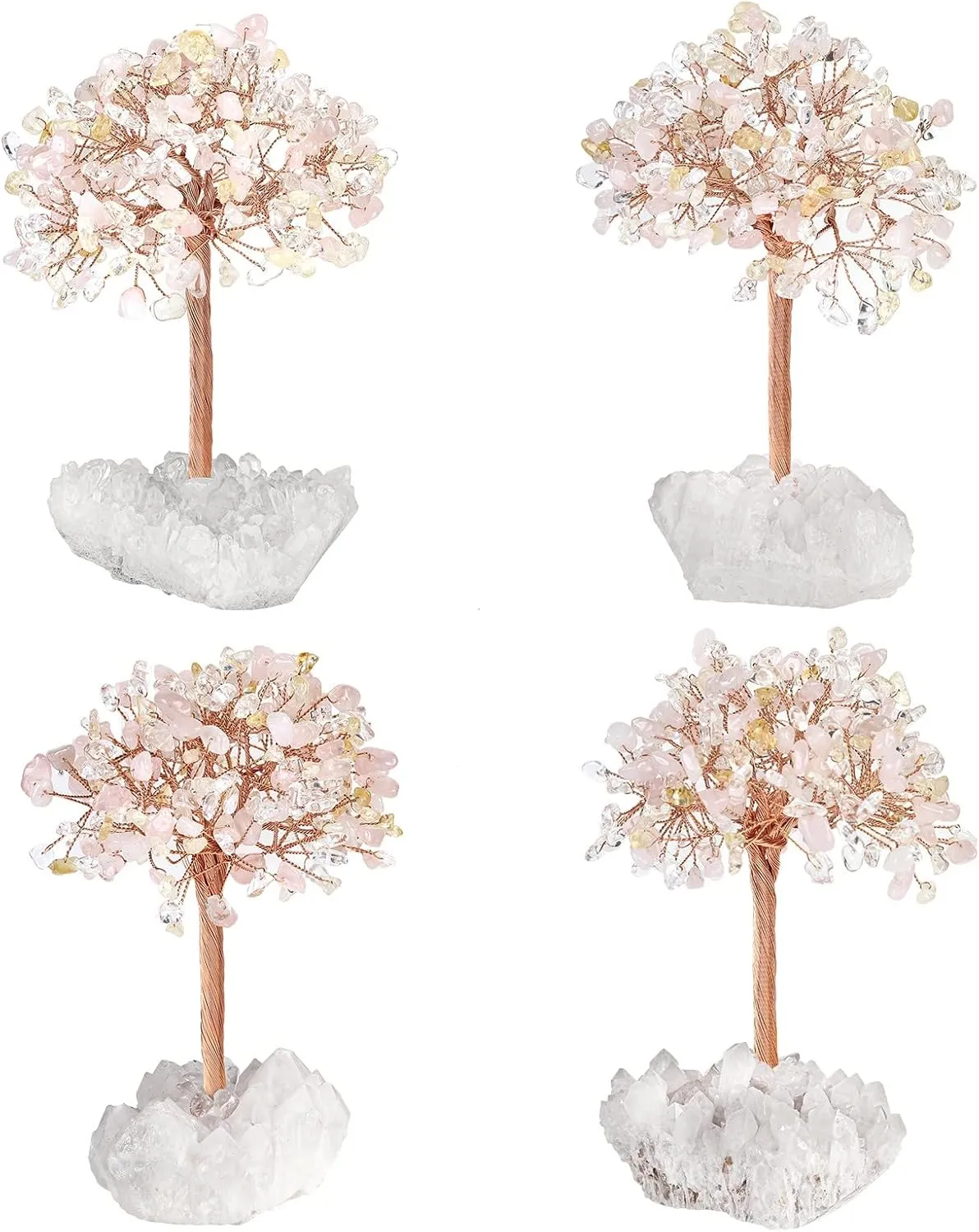 Nupuyai Handmade Healing Rose Quartz & Citrine & Rock Quartz Crystal Tree with Rock Quartz Cluster, Energy Stone Bonsai Money Tree Desktop Decor for Fengshui and Good Luck