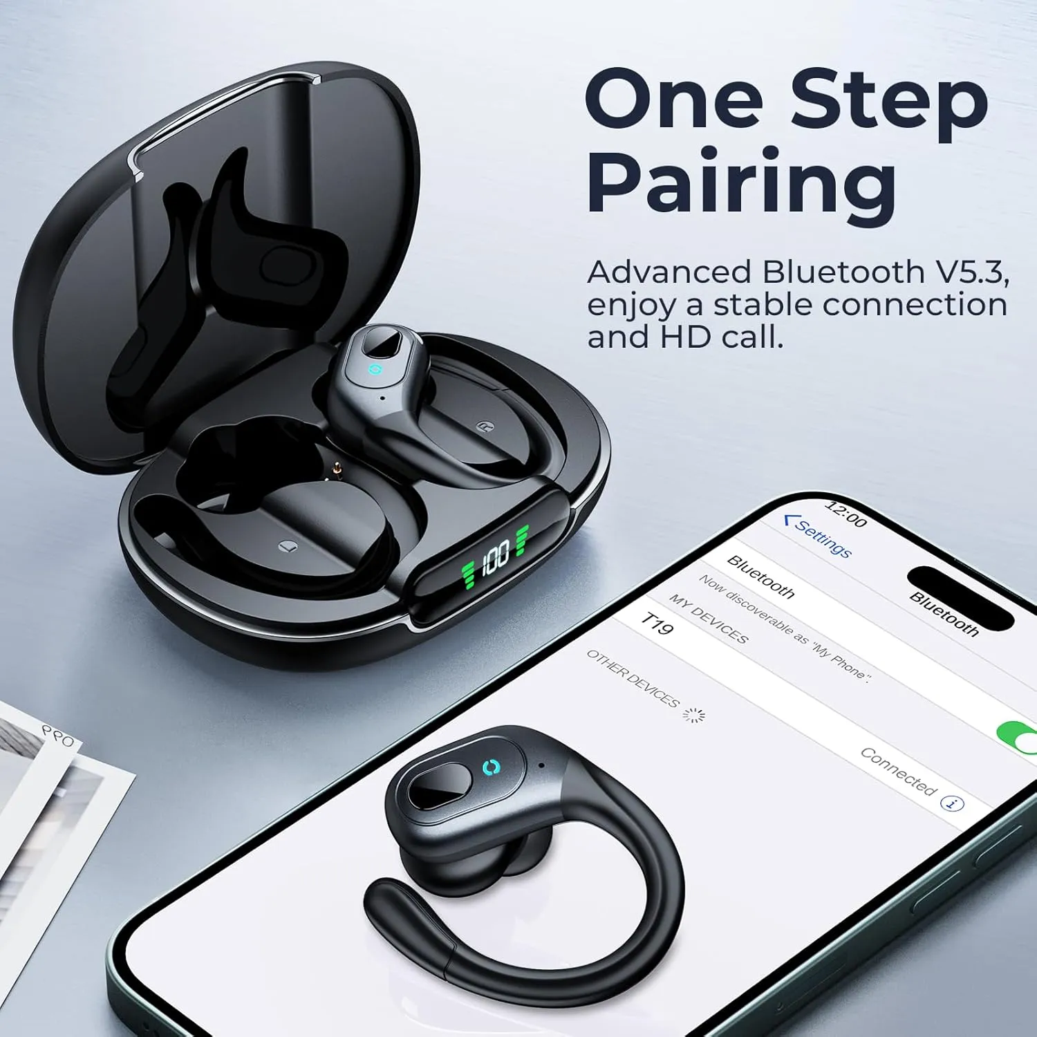 occiam Wireless Earbuds Bluetooth 5.3 Sport Headphonese with LED Charging Case, 90H Playback Sweatproof Over Ear Running Ear Buds with Earhooks Workout Earphones for iOS Android,Black
