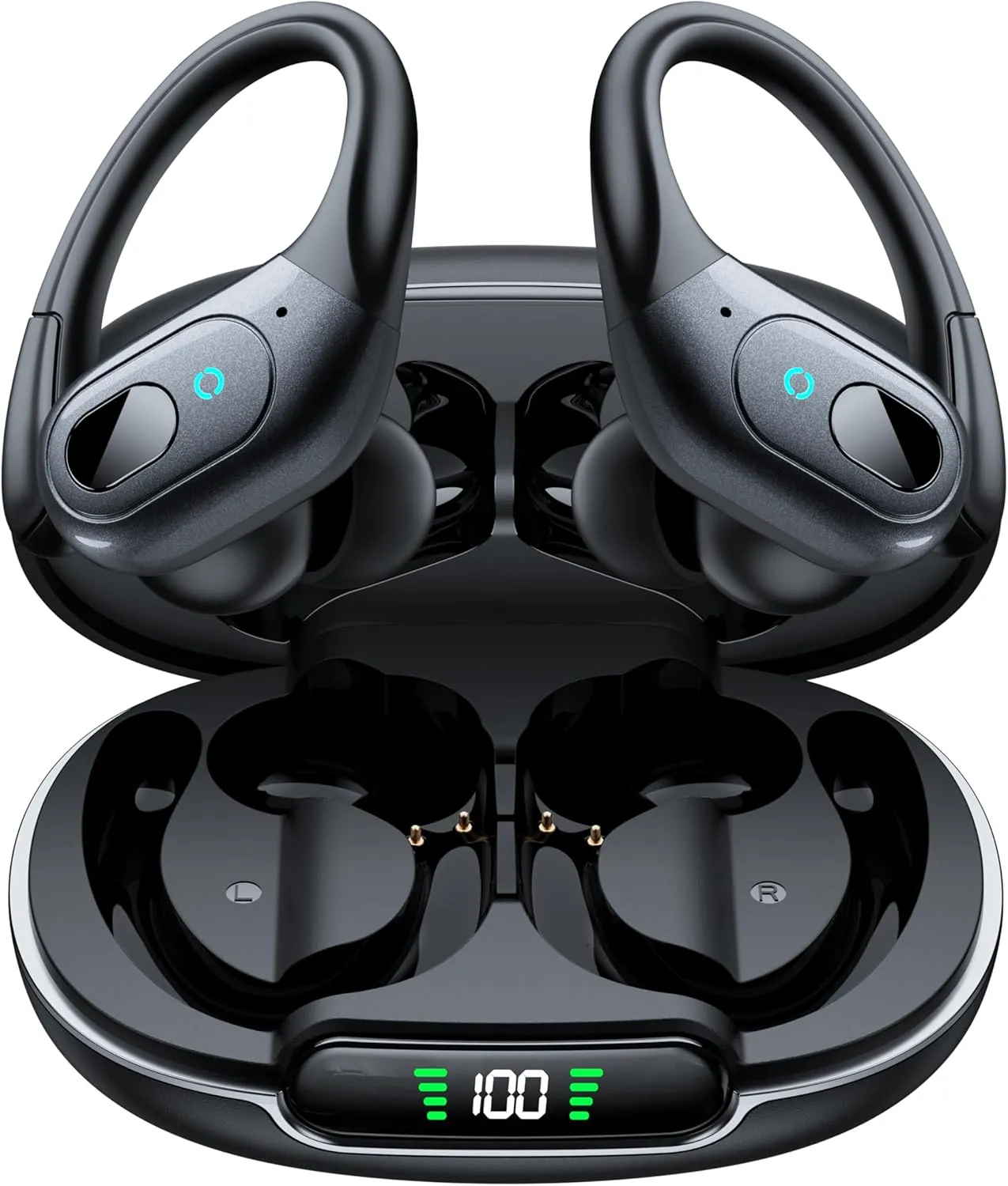 occiam Wireless Earbuds Bluetooth 5.3 Sport Headphonese with LED Charging Case, 90H Playback Sweatproof Over Ear Running Ear Buds with Earhooks Workout Earphones for iOS Android,Black