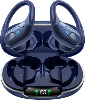 occiam Wireless Earbuds Bluetooth 5.3 Sport Headphonese with LED Charging Case, 90H Playback Sweatproof Over Ear Running Ear Buds with Earhooks Workout Earphones for iOS Android,Deep Blue