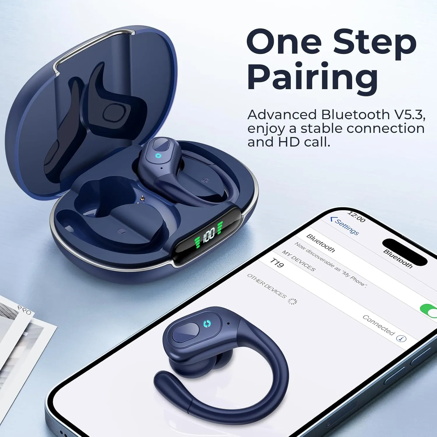 occiam Wireless Earbuds Bluetooth 5.3 Sport Headphonese with LED Charging Case, 90H Playback Sweatproof Over Ear Running Ear Buds with Earhooks Workout Earphones for iOS Android,Deep Blue
