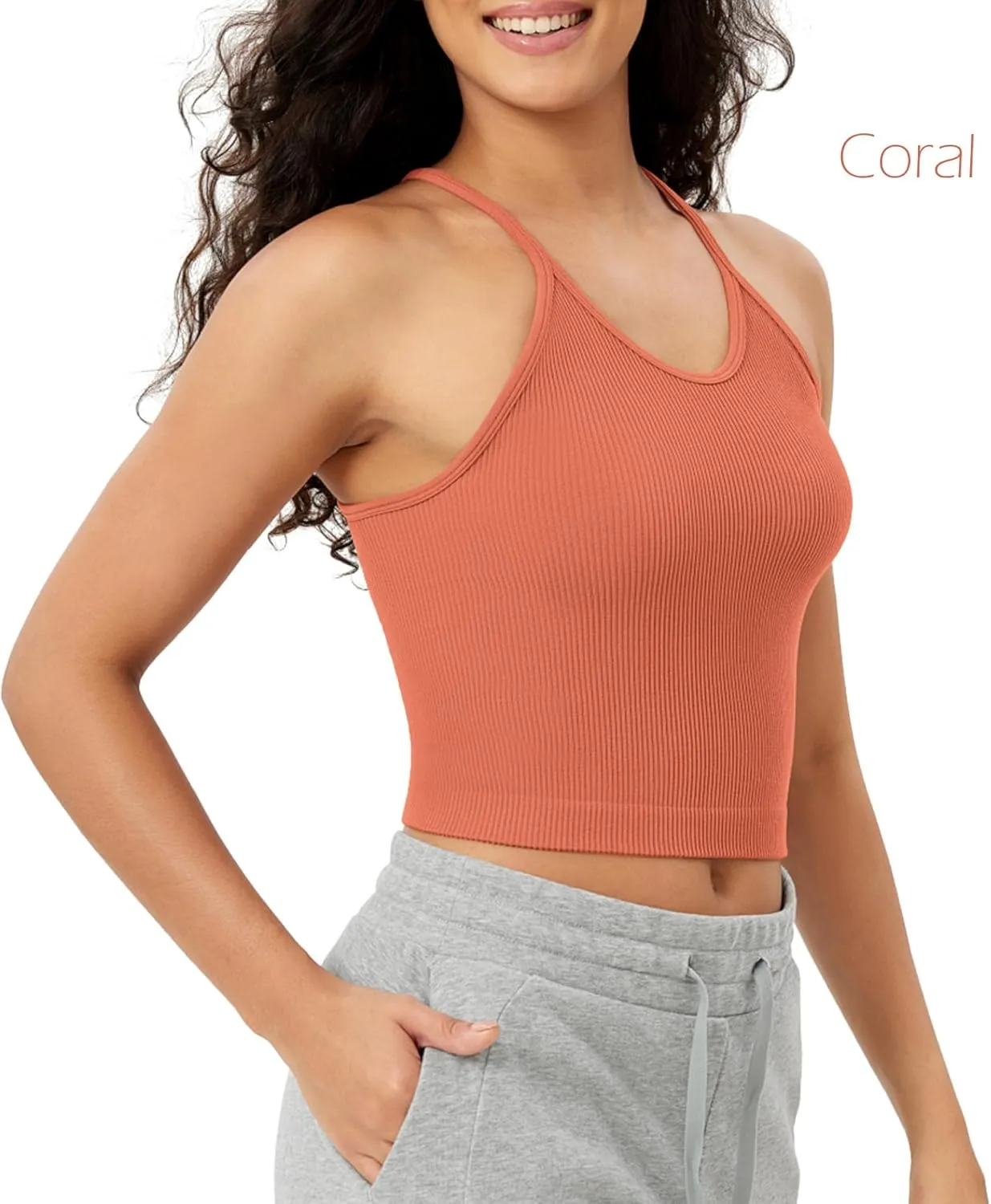 ODODOS Women's Crop 3-Pack Seamless Rib-Knit Camisole Crop Tank Tops