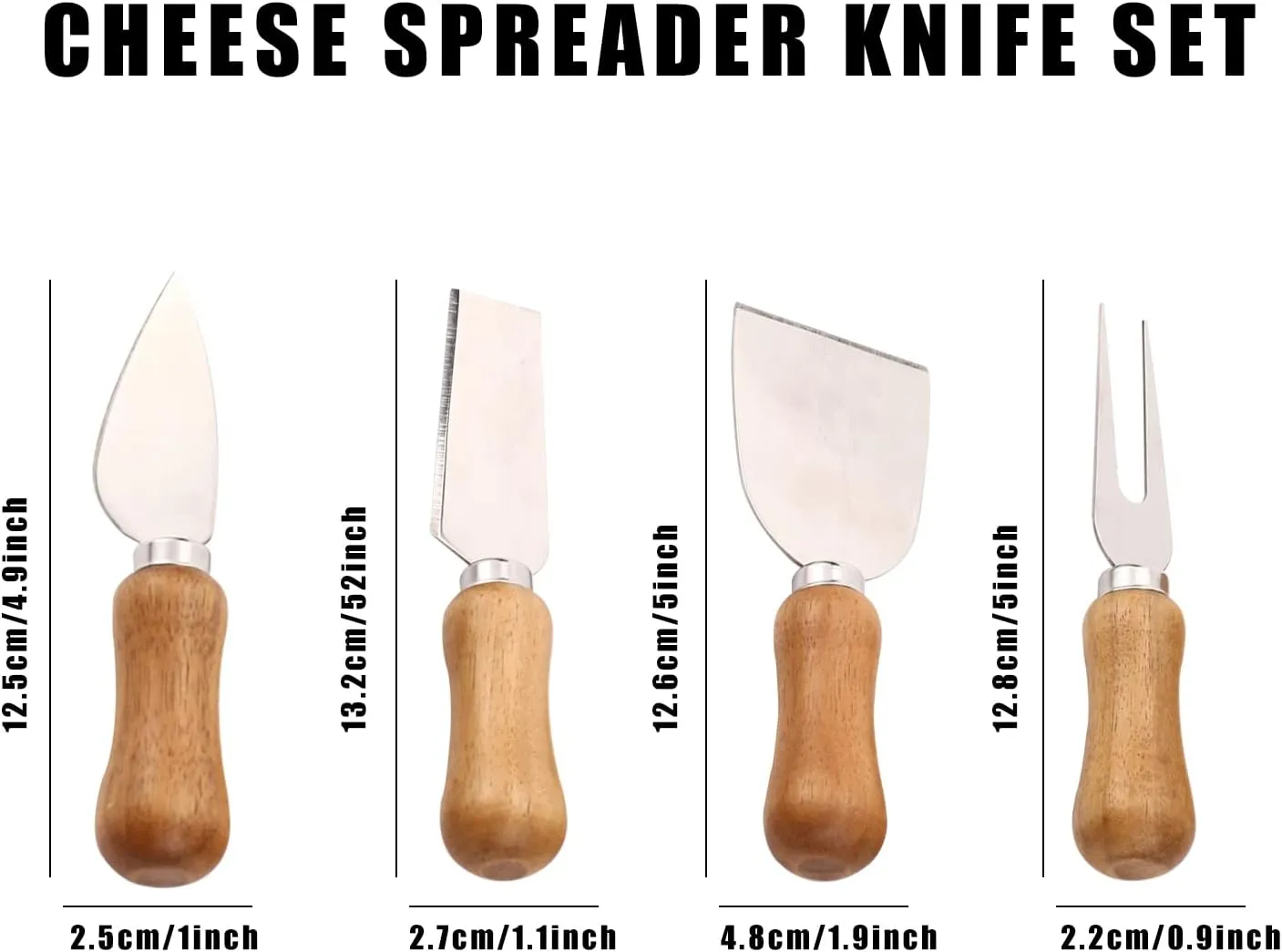 olelo 4 Small Original Cheese Knife Set with Acacia Wood Holder and Handle, Cheese Knives Set with Magnetic stand, Stainless Steel Charcuterie Board Utensils, Picnic, Family-together