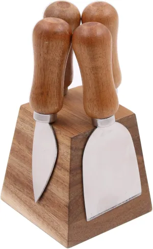 olelo 4 Small Original Cheese Knife Set with Acacia Wood Holder and Handle, Cheese Knives Set with Magnetic stand, Stainless Steel Charcuterie Board Utensils, Picnic, Family-together