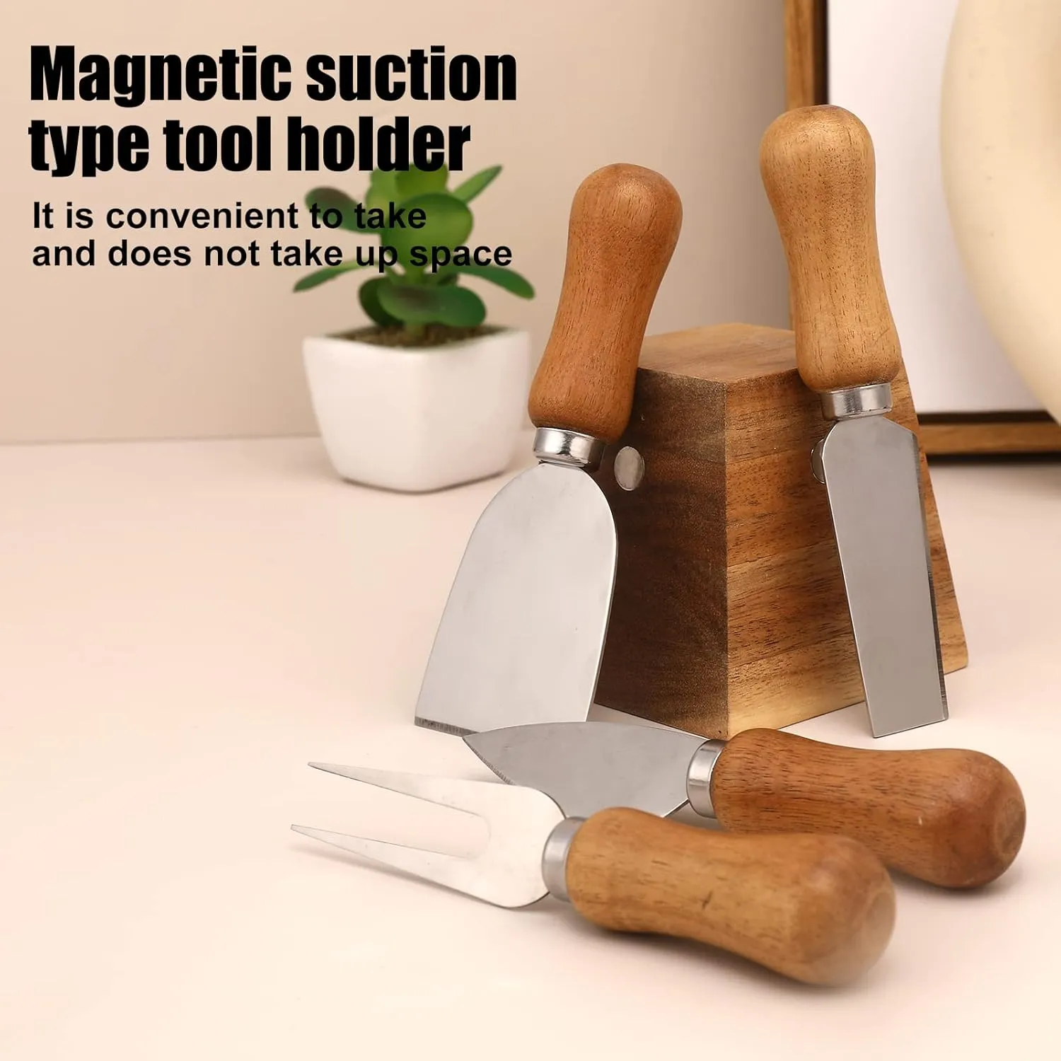 olelo 4 Small Original Cheese Knife Set with Acacia Wood Holder and Handle, Cheese Knives Set with Magnetic stand, Stainless Steel Charcuterie Board Utensils, Picnic, Family-together