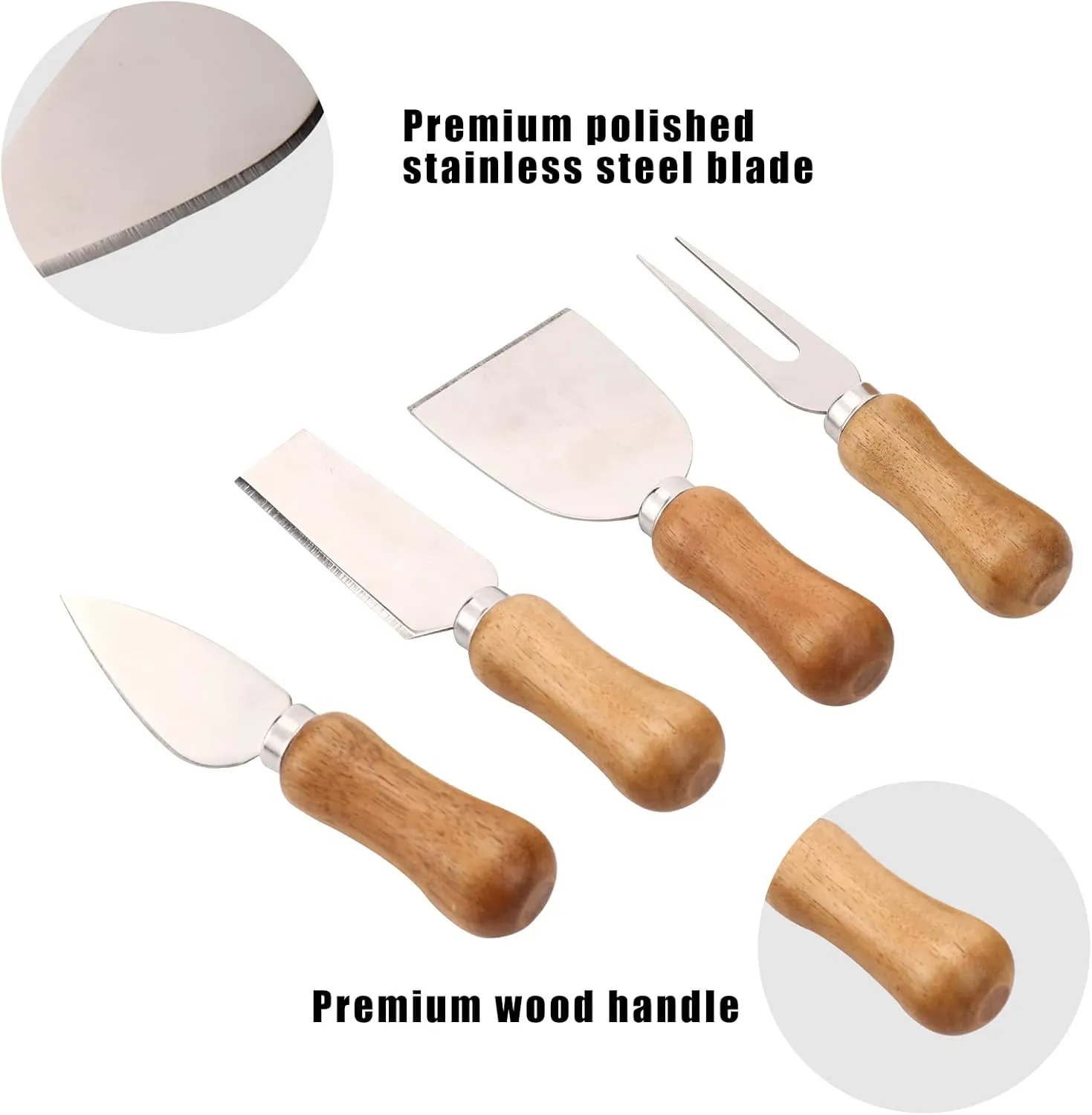 olelo 4 Small Original Cheese Knife Set with Acacia Wood Holder and Handle, Cheese Knives Set with Magnetic stand, Stainless Steel Charcuterie Board Utensils, Picnic, Family-together