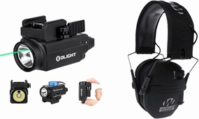 OLIGHT Baldr S 800 Lumens Compact Rail Mount Weaponlight with Green Beam and White LED Combo & Walker's Razor Slim Electronic Muff, Black