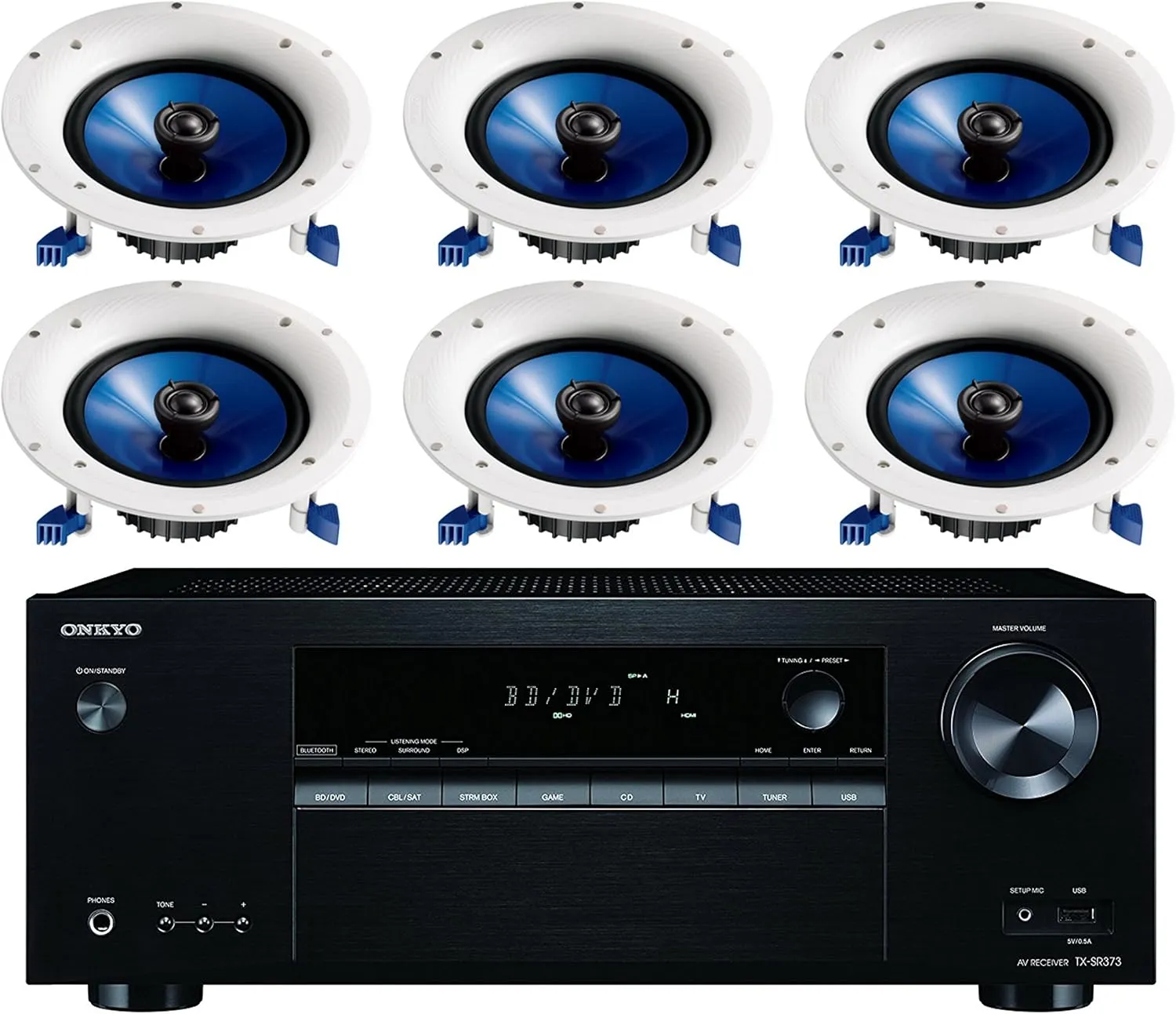 Onkyo 5.2 Channel Full 4K Bluetooth AV Home Theater Receiver   Yamaha Natural High-Performance Moisture Resistant 2-Way 110 watts Surround Sound in-Ceiling Speaker System (Set of 6)