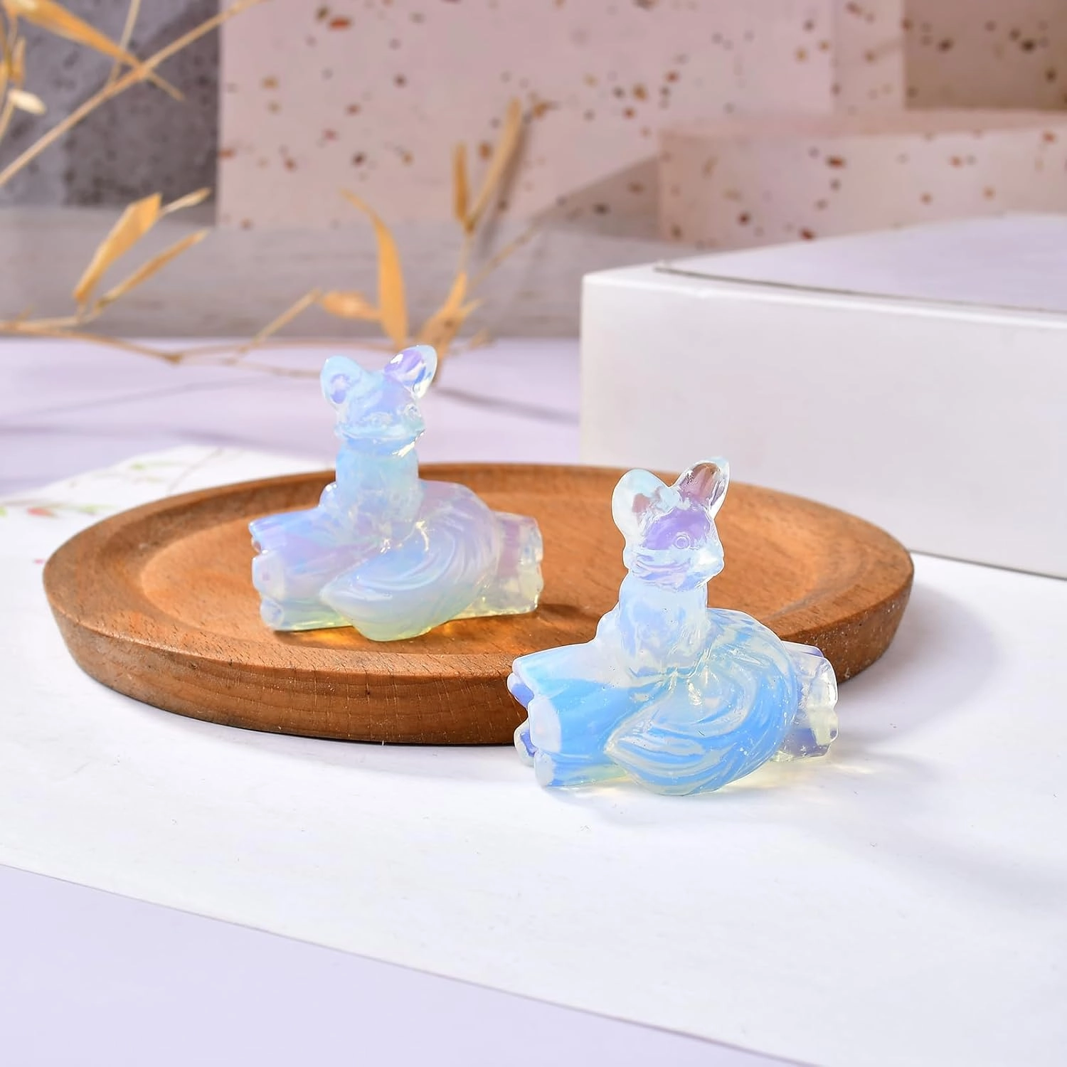 Opal Fox Decor Statue Crystals and Healing Stones Fox Figurine Polished Gemstones ​Bedroom Office Desk Home Decoration A Lucky Decoration