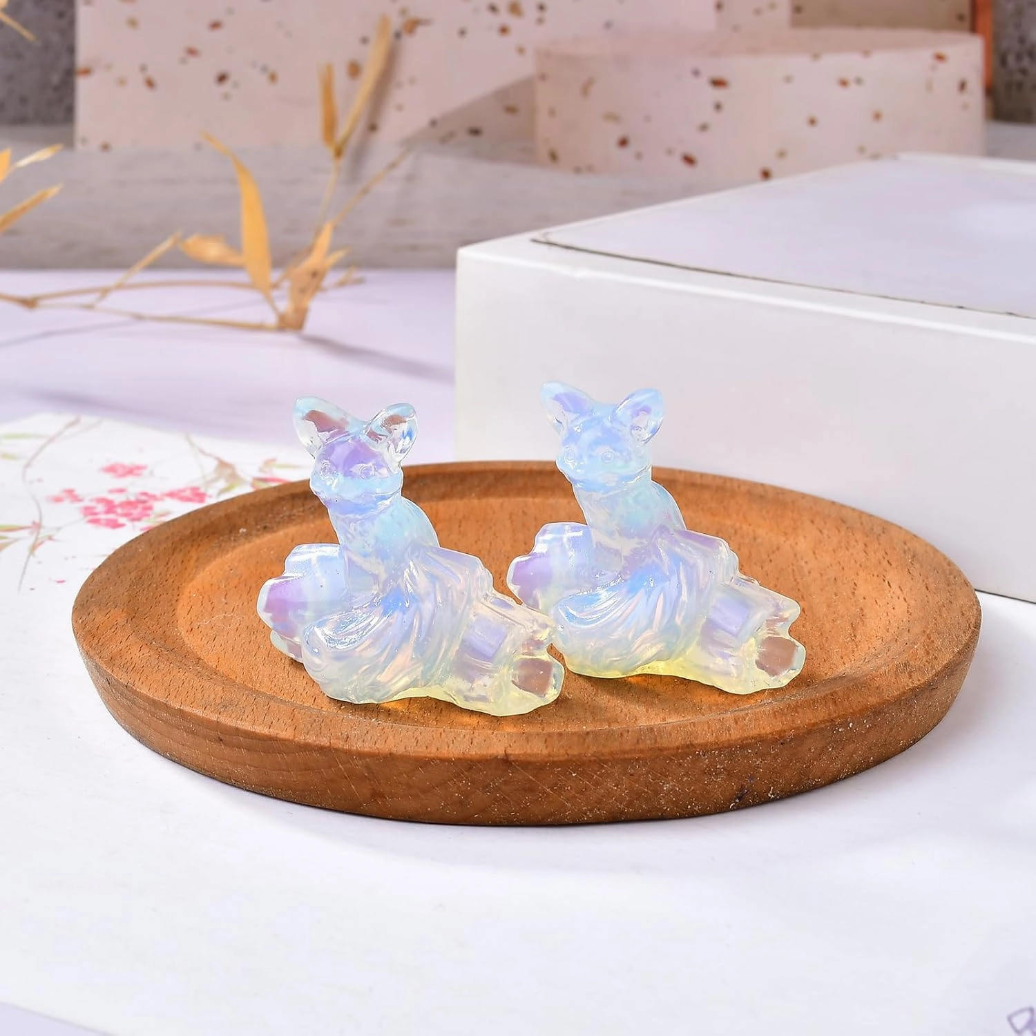 Opal Fox Decor Statue Crystals and Healing Stones Fox Figurine Polished Gemstones ​Bedroom Office Desk Home Decoration A Lucky Decoration