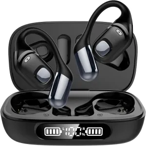 Open Ear Earbuds, Bluetooth 5.3 Wireless Air Conduction Headphones with Mic, LED Display Charging Case&Fast Charging, Ultra-Light Weight, 80H Playtime Earbuds for Work, Sports (Black)