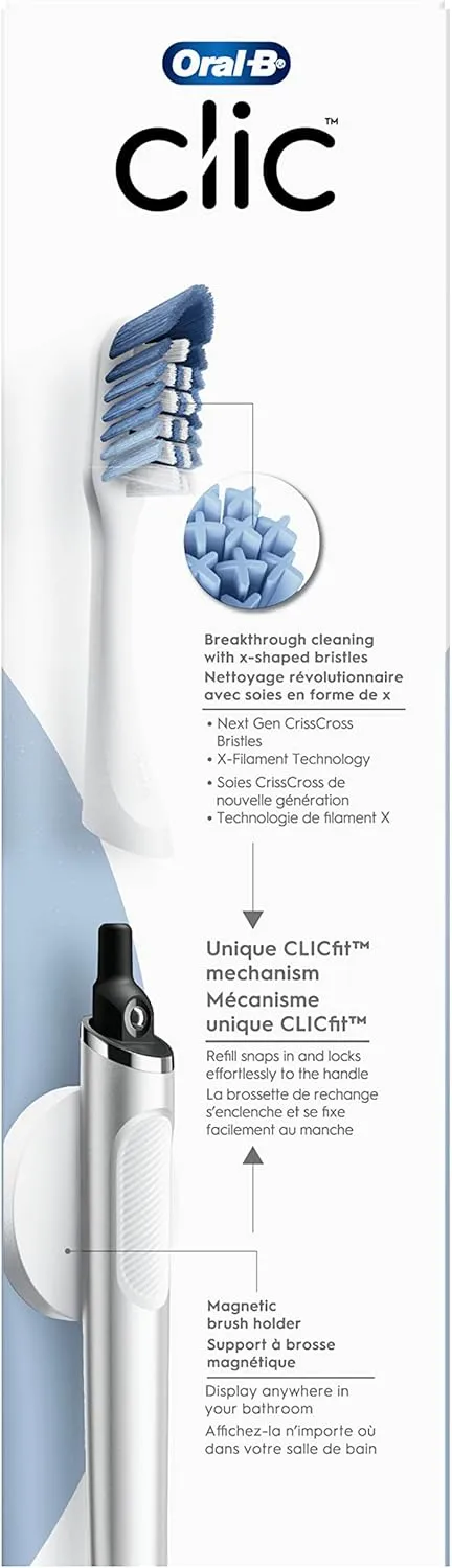 Oral-B Clic Toothbrush, Chrome White, with 1 Bonus Replacement Brush Head and Magnetic Toothbrush Holder