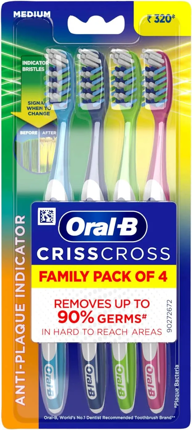 Oral-B Criss Cross Deep Clean Medium Bristles Toothbrush For Adults,Tongue Cleaner, Multicolour Tooth Brush Set, Oral B Dentist Recommended Brand (Family Pack of 4)