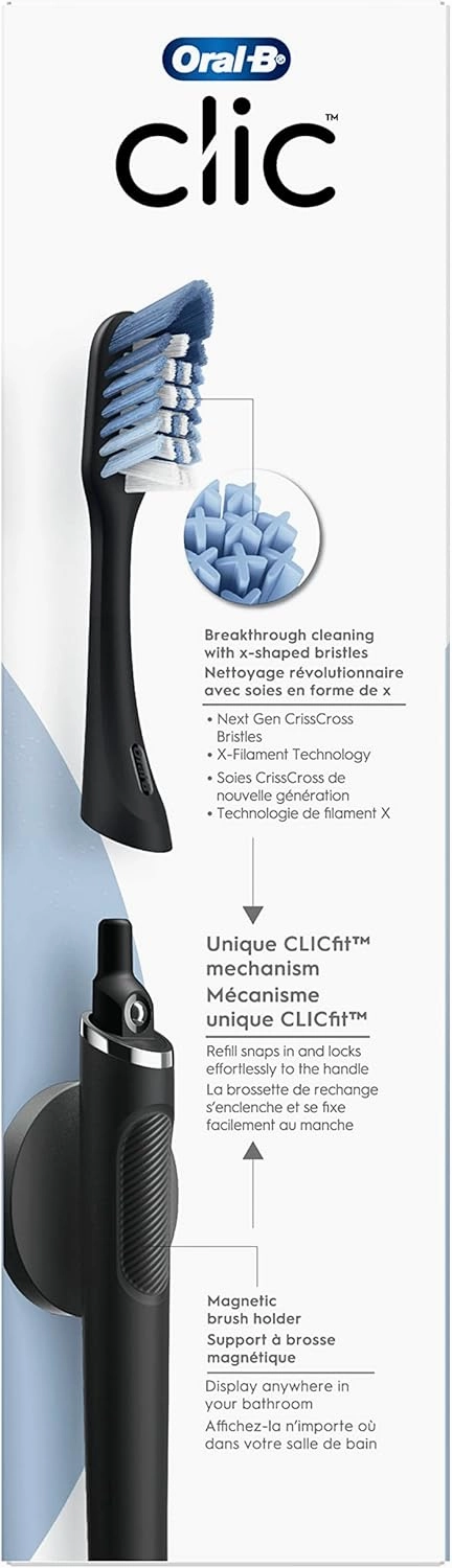 Oral-B Clic Toothbrush, Matte Black, with 1 Bonus Replacement Brush Head and Magnetic Toothbrush Holder