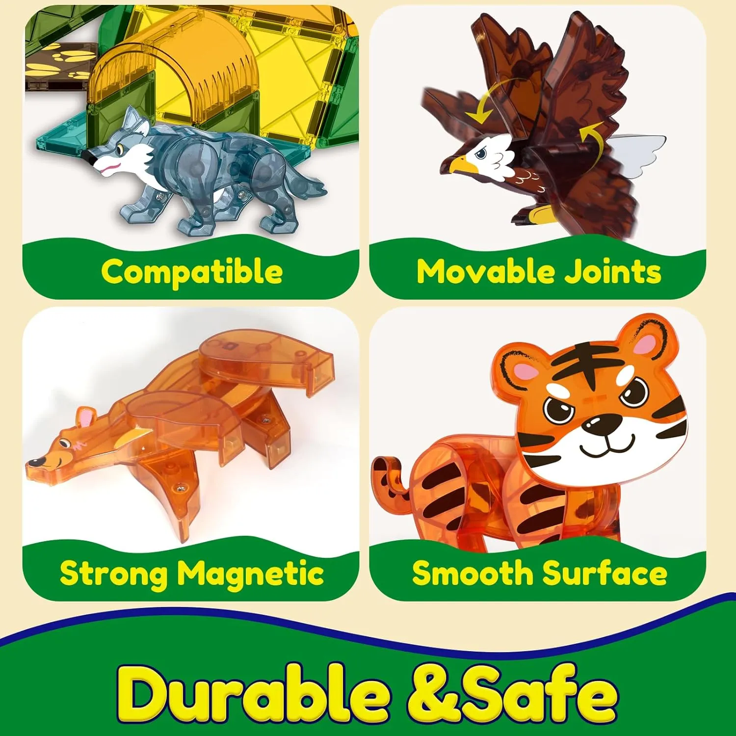 Oriate 3D Wild Animals Magnetic Tiles Toys, 5pcs Magnets Animals for Kids, Movable Joints Animal Toys Match Magnetic Blocks Magnetiles Construction Building,STEM Educational Travel Magnet Tiles Toy