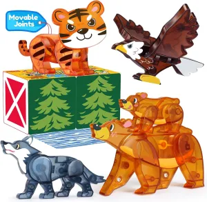 Oriate 3D Wild Animals Magnetic Tiles Toys, 5pcs Magnets Animals for Kids, Movable Joints Animal Toys Match Magnetic Blocks Magnetiles Construction Building,STEM Educational Travel Magnet Tiles Toy