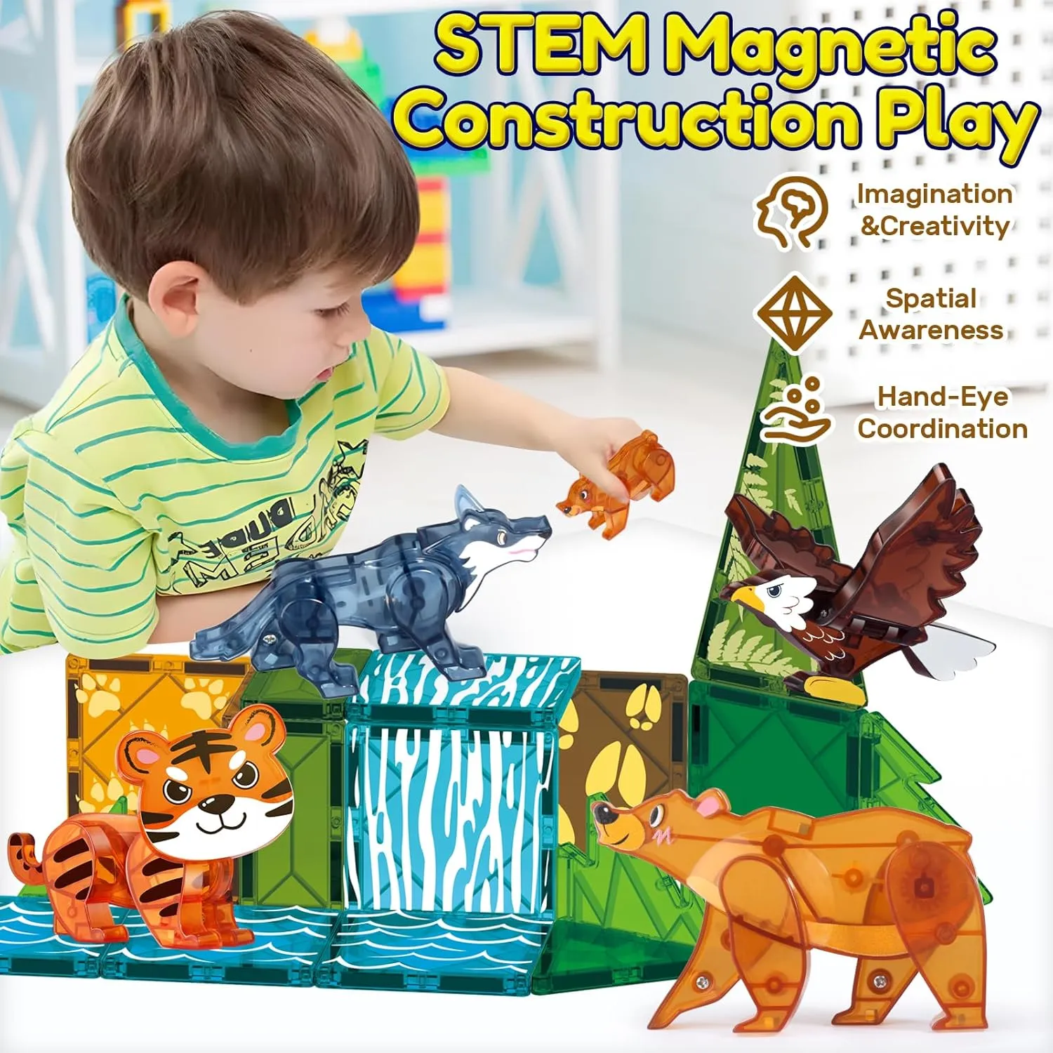 Oriate 3D Wild Animals Magnetic Tiles Toys, 5pcs Magnets Animals for Kids, Movable Joints Animal Toys Match Magnetic Blocks Magnetiles Construction Building,STEM Educational Travel Magnet Tiles Toy