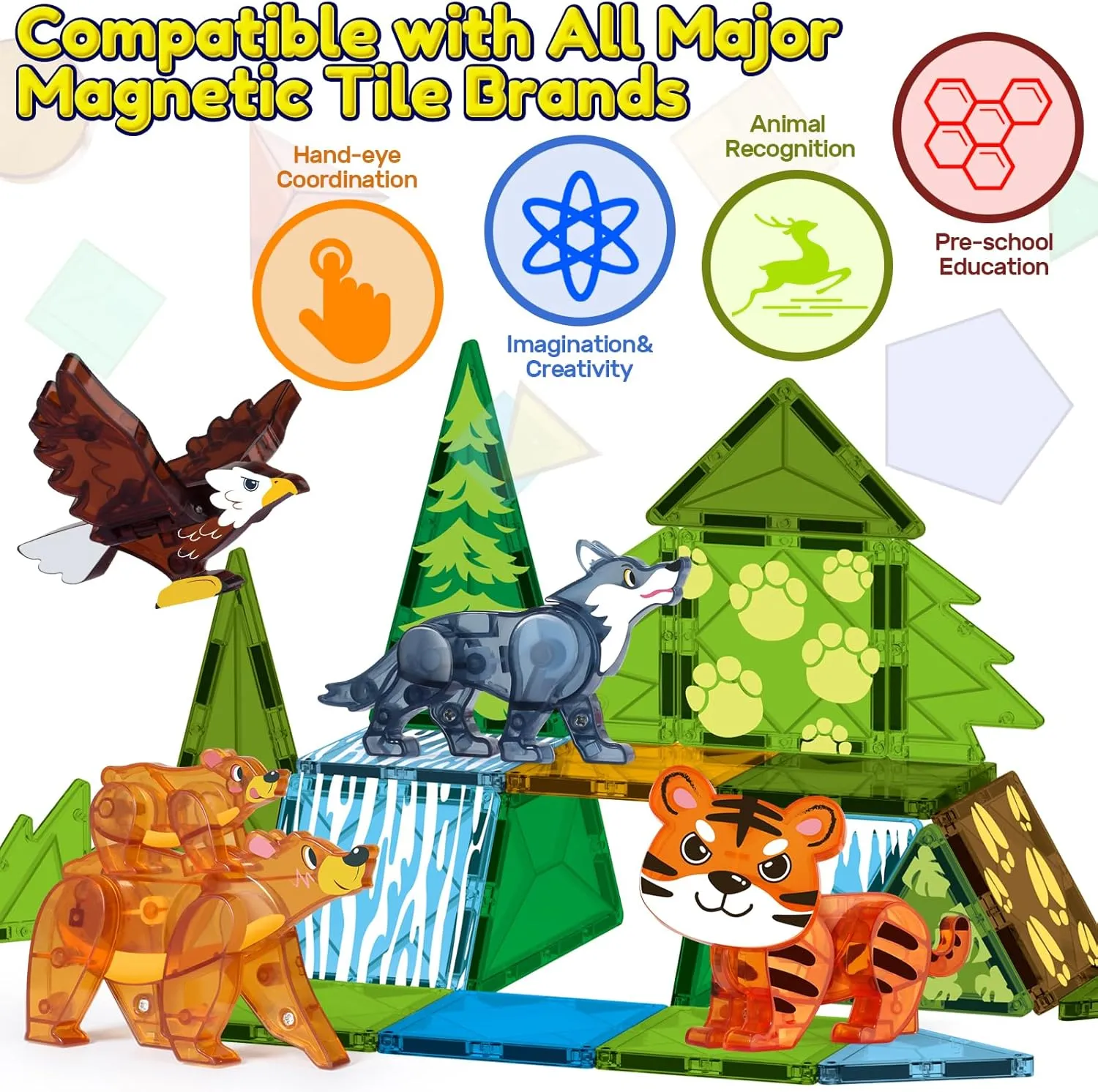 Oriate 3D Wild Animals Magnetic Tiles Toys, 5pcs Magnets Animals for Kids, Movable Joints Animal Toys Match Magnetic Blocks Magnetiles Construction Building,STEM Educational Travel Magnet Tiles Toy