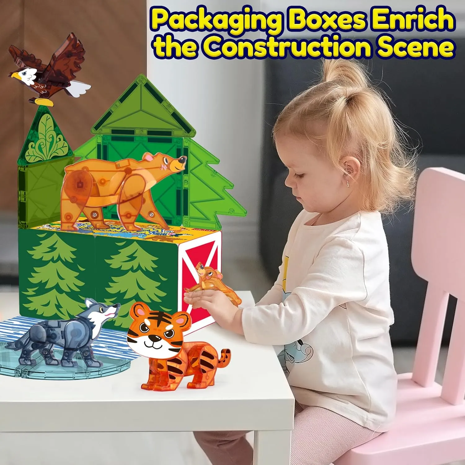Oriate 3D Wild Animals Magnetic Tiles Toys, 5pcs Magnets Animals for Kids, Movable Joints Animal Toys Match Magnetic Blocks Magnetiles Construction Building,STEM Educational Travel Magnet Tiles Toy