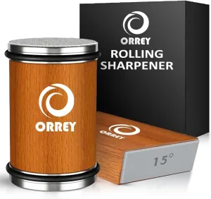 ORREY Rolling Knife Sharpener, Best Father's Day Gift, Kitchen Knife Sharpener with Diamonds and Cermic for steel, Rolling Knife Sharpening Kit with Stainless Steel head & Rotating Shaft