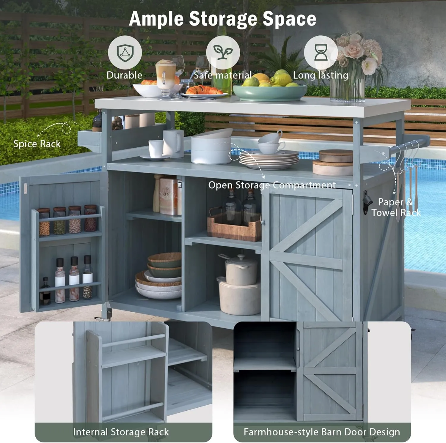 Outdoor Storage Grill Carts for Patio Graden BBQ with Storage Cabinet, Home Rolling Kitchen Island Food Prep Table with Stainless Steel Top, Shelves, Spice Rack, Towel Rack(Grey Blue)