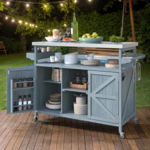 Outdoor Storage Grill Carts for Patio Graden BBQ with Storage Cabinet, Home Rolling Kitchen Island Food Prep Table with Stainless Steel Top, Shelves, Spice Rack, Towel Rack(Grey Blue)
