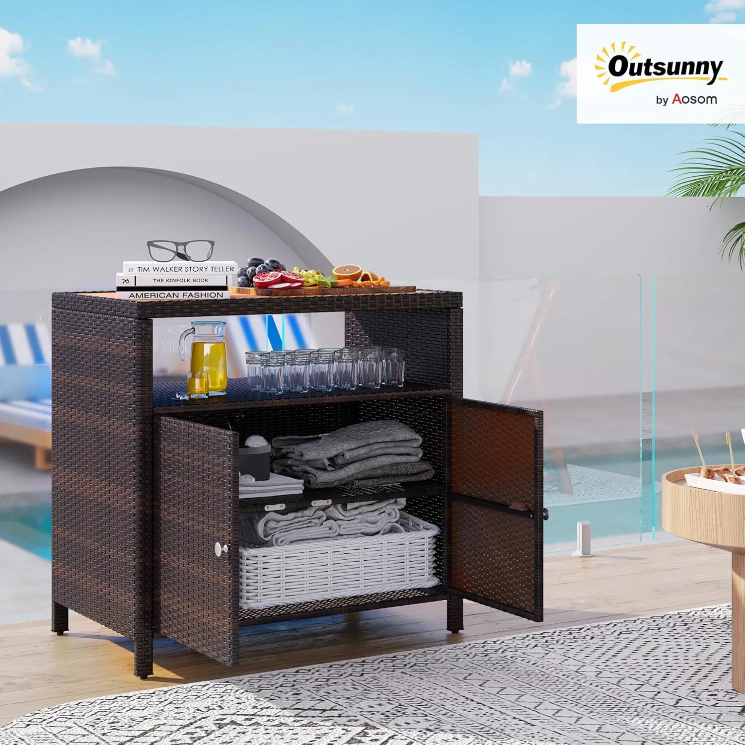 Outsunny Wicker Outdoor Storage Cabinet, Rattan Outdoor Bar Table with Acacia Wood Countertop, 2 Doors and Shelf, Buffet Cabinet Sideboard for Poolside, Garden, Patio, Backyard, Brown