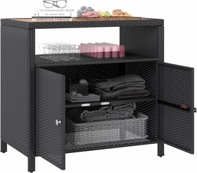 Outsunny Wicker Outdoor Storage Cabinet, Rattan Outdoor Bar Table with Acacia Wood Countertop, 2 Doors and Shelf, Buffet Cabinet Sideboard for Poolside, Garden, Patio, Backyard, Black