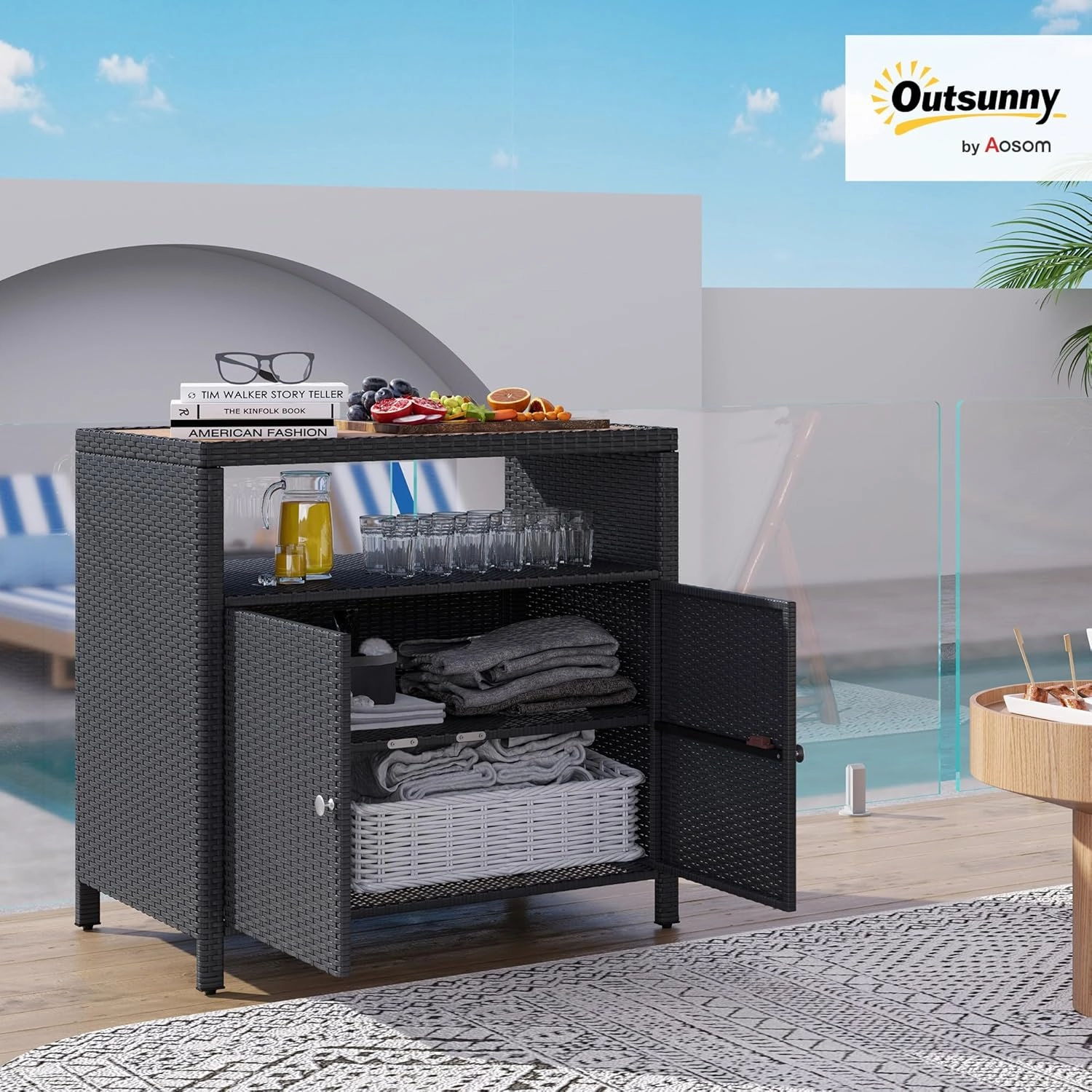 Outsunny Wicker Outdoor Storage Cabinet, Rattan Outdoor Bar Table with Acacia Wood Countertop, 2 Doors and Shelf, Buffet Cabinet Sideboard for Poolside, Garden, Patio, Backyard, Black