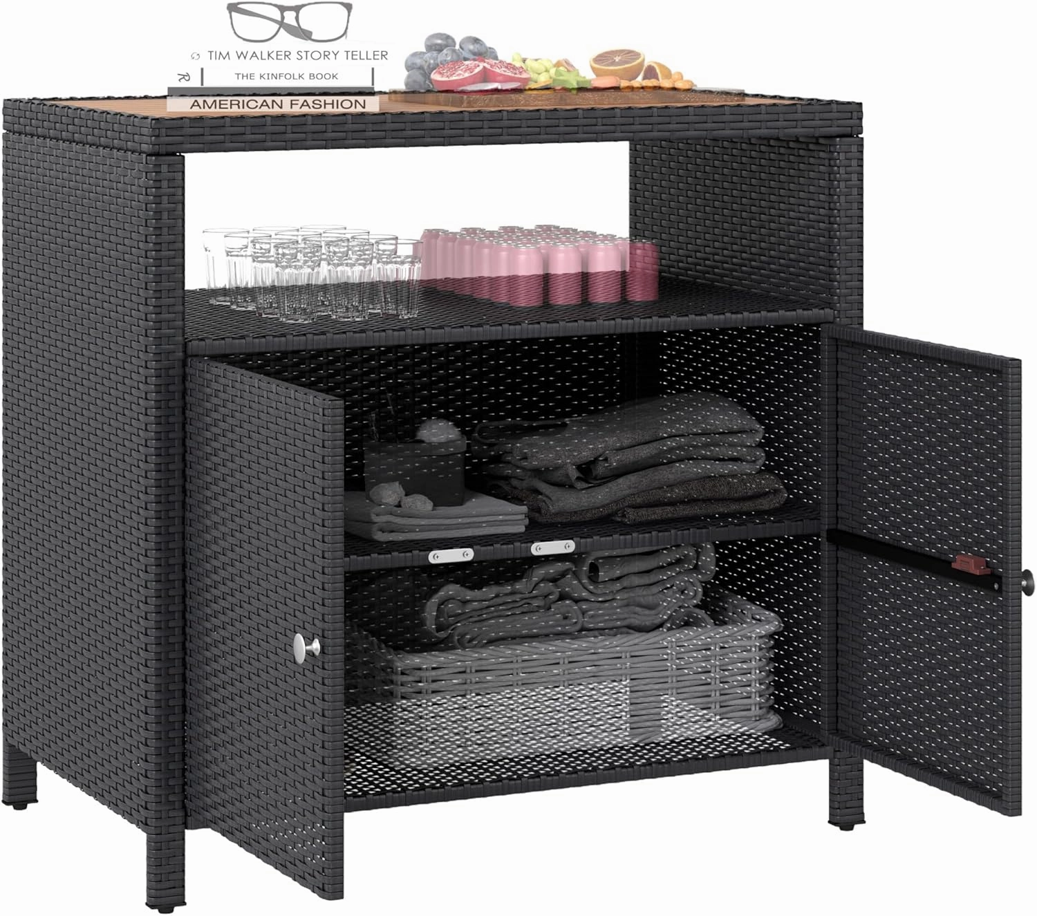 Outsunny Wicker Outdoor Storage Cabinet, Rattan Outdoor Bar Table with Acacia Wood Countertop, 2 Doors and Shelf, Buffet Cabinet Sideboard for Poolside, Garden, Patio, Backyard, Black