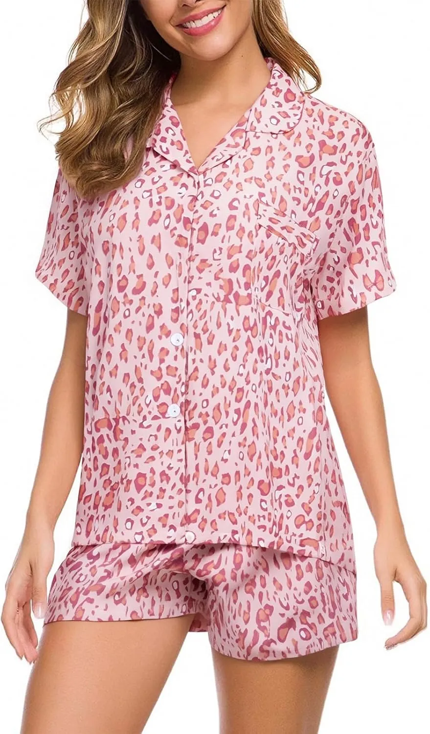 Pajama Set for Women 2 Piece Lounge Set Short Sleeve Button Up Tops and Shorts Soft Sleepwear, Single Chest Pocket