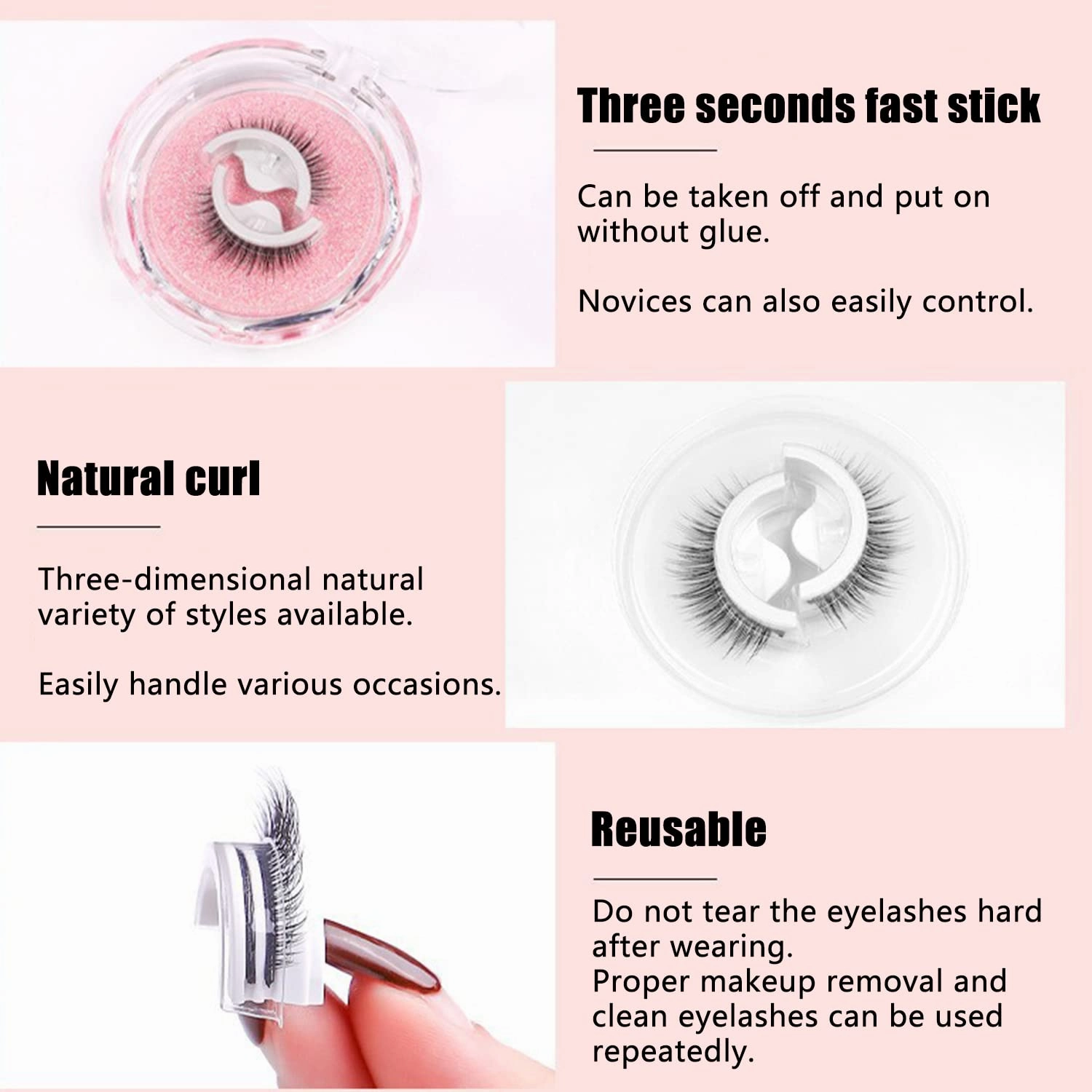 Pawson Self-Adhesive Eye Lashes, Reusable Self Adhesive Eyelashes, Magnetic Eyelashes Natural Look, Self-Adhesive Eyelashes Natural, Self Adhesive Lashes For Women No Glue (3Pairs-B)