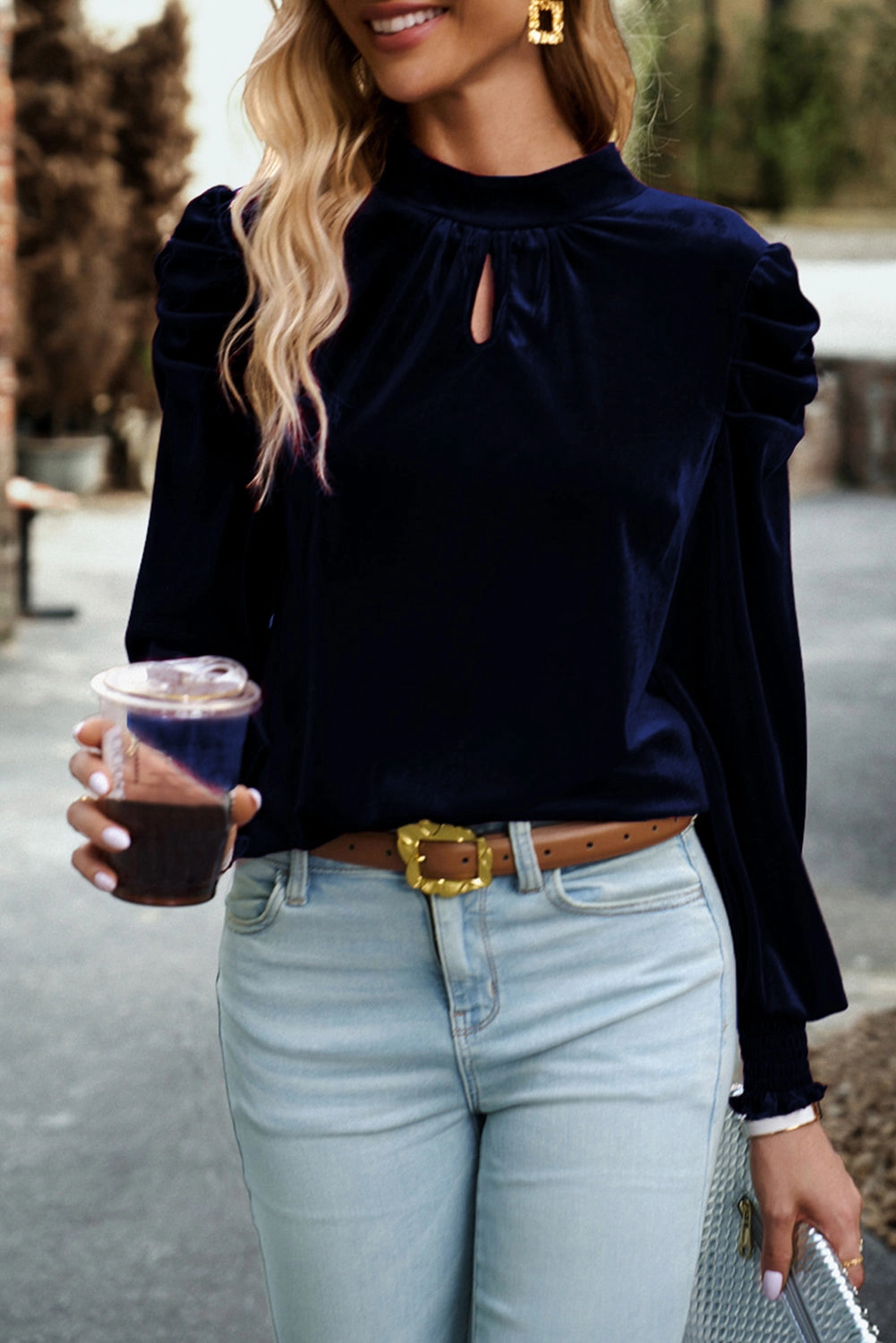 Peach Blossom Mock Keyhole Neck Puff Sleeve Velvet Blouse