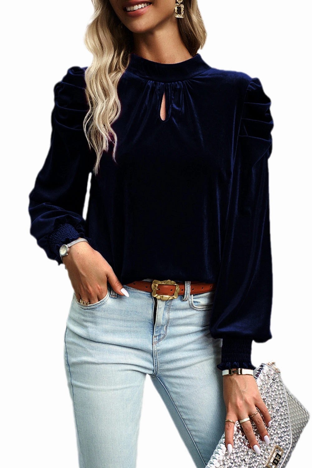 Peach Blossom Mock Keyhole Neck Puff Sleeve Velvet Blouse