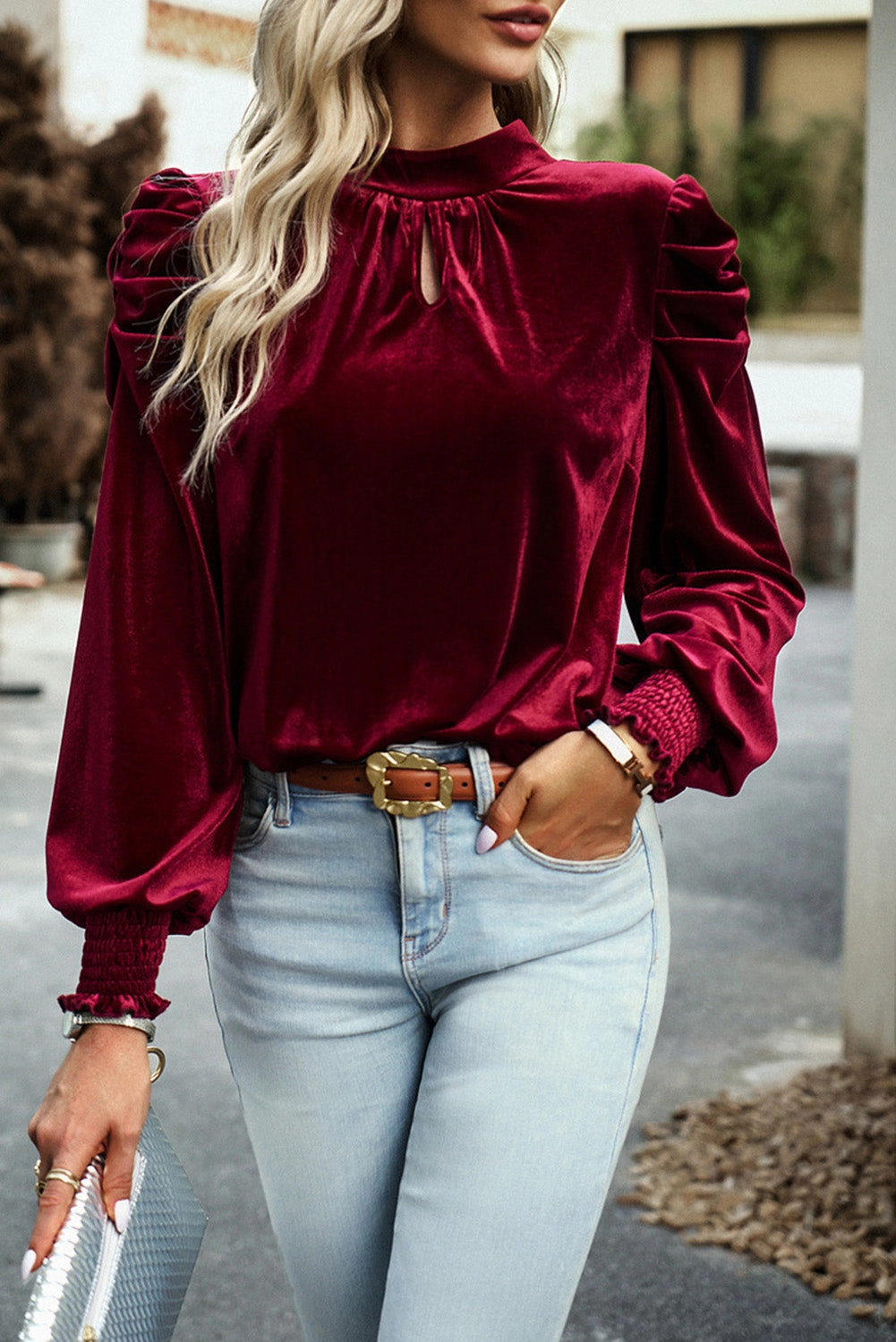 Peach Blossom Mock Keyhole Neck Puff Sleeve Velvet Blouse
