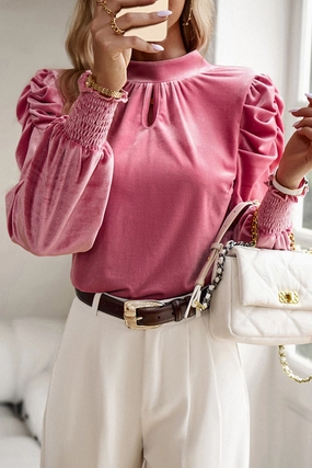 Peach Blossom Mock Keyhole Neck Puff Sleeve Velvet Blouse